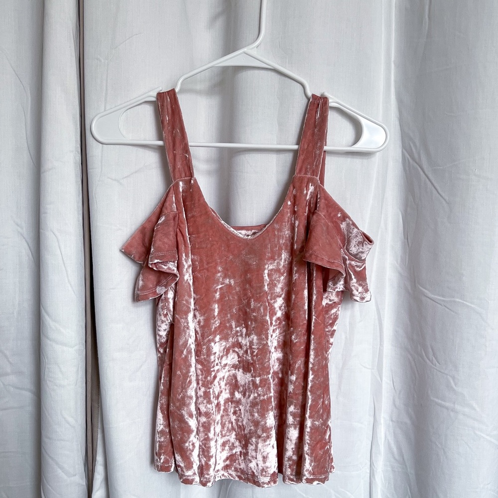 Pink Crushed Velvet Cold Shoulder Top